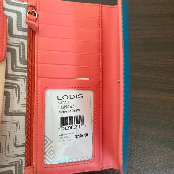 Lodis Audrey Blue & Coral Leather Wristlet Phone Wallet Detachable Strap New - Picture 5 of 7